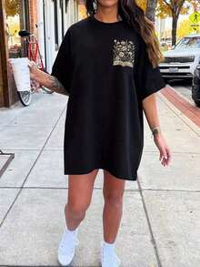 Plus Size Short-Sleeved T-Shirt With Round Neck, Dropped Shoulders And  Face Print - 5 - 查看 2