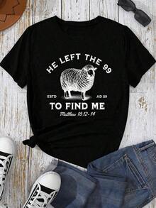 1 Piece Women's Sweatshirt "Jesus Left 99", Crew Neck Sweatshirt With Christian Print "The Lord Is My Shepherd", Short Sleeve T-Shirt Of Pure Cotton 180g 100% Cotton - 黑色 - 查看 1