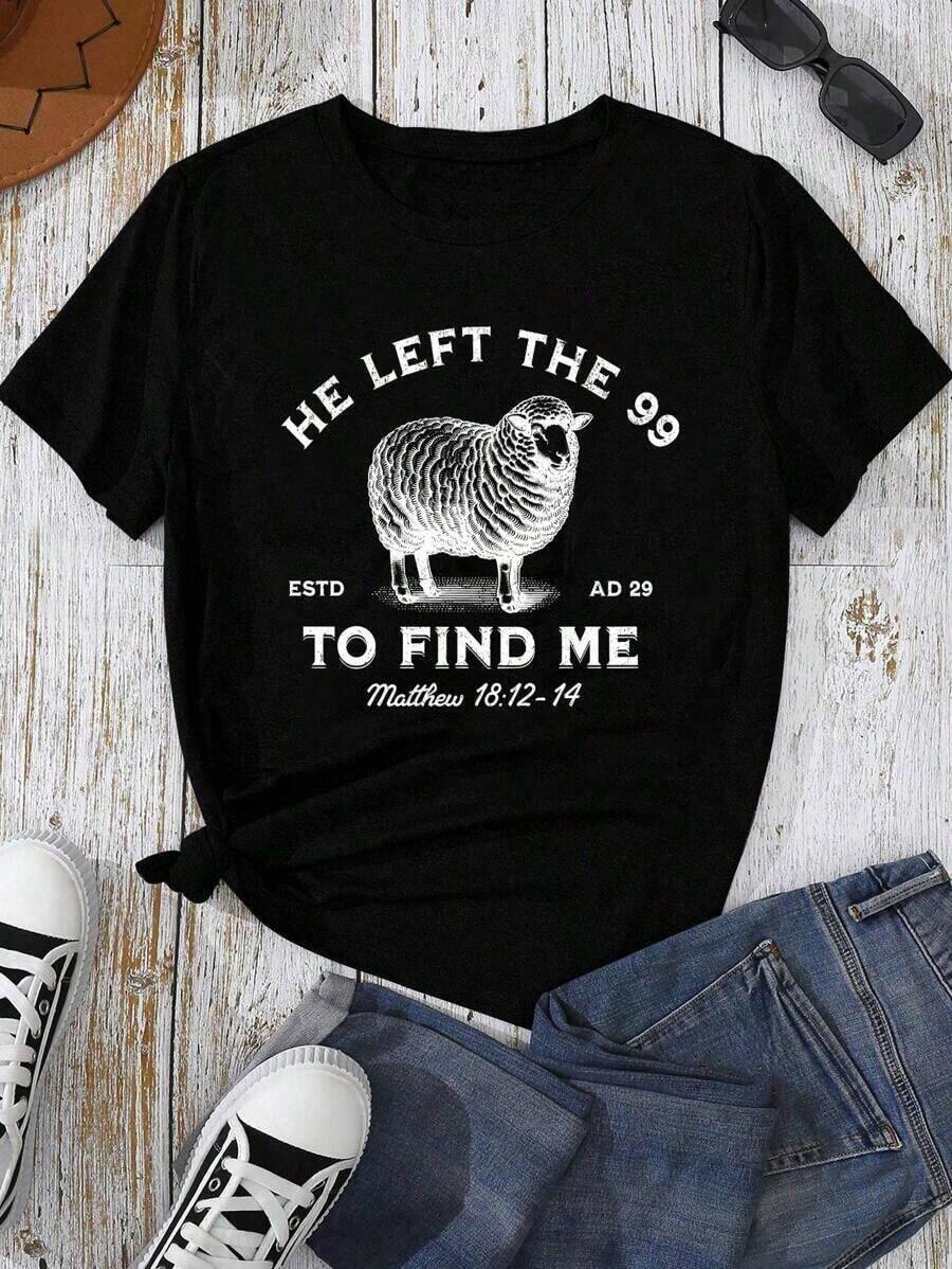 1 Piece Women's Sweatshirt "Jesus Left 99", Crew Neck Sweatshirt With Christian Print "The Lord Is My Shepherd", Short Sleeve T-Shirt Of Pure Cotton 180g 100% Cotton - 黑色 - 查看 1