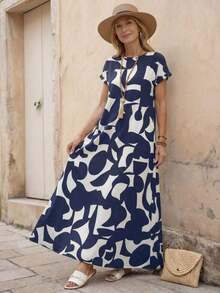 Vestido casual de mujer con estampado todo sobre, adecuado para vacaciones - Azul - Ver 1