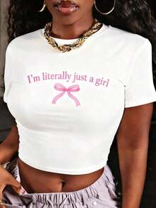 Camiseta casual de cuello redondo ajustada y corta con estampado de labios grandes en plata - Blanco 2 - Ver 6