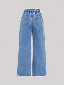 Chica adolescente Jeans con bolsillo oblicuo de pierna ancha - Azul lavado medio - Ver 2