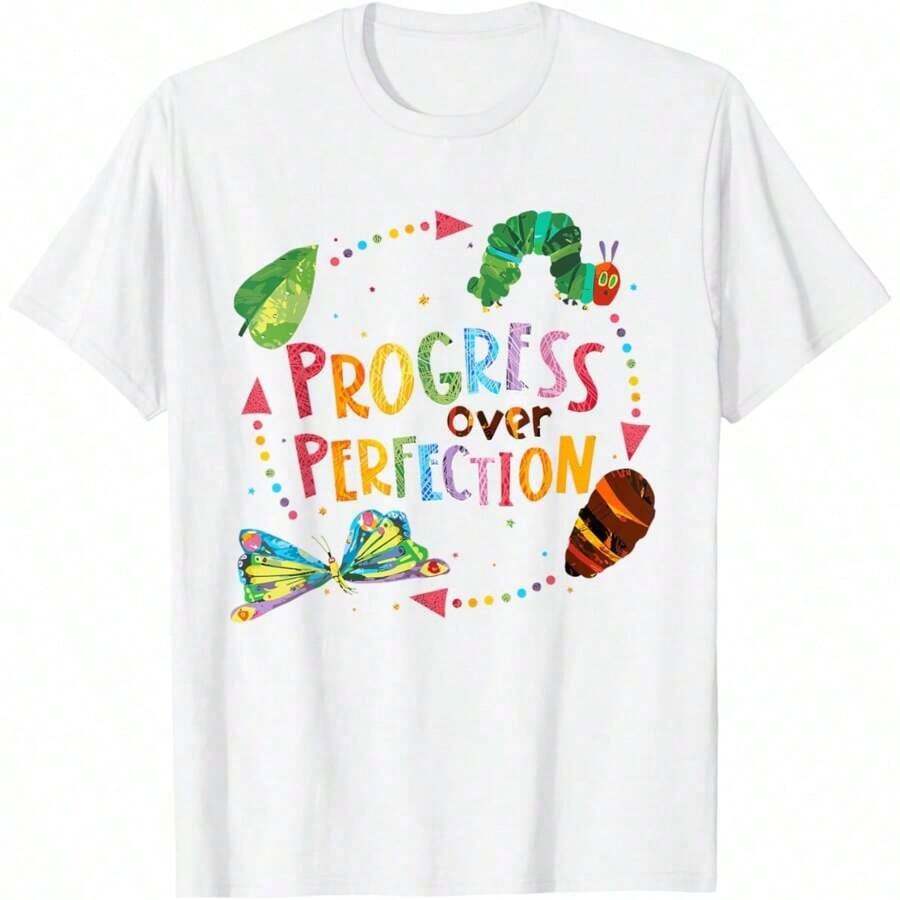 Camiseta para Estudiantes y Profesores de Progress Over Perfection Caterpillar, Camiseta de Manga Corta Oversize de Algodón Grueso Clásico con Estampado Gráfico, Top Casual de Manga Corta para Mujer - Blanco - Ver 1