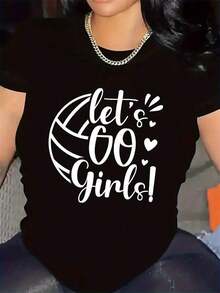 100% Cotton Let's Play! Women's Short Sleeve Sports T-Shirt - Volleyball Graphic Print, Breathable And Stretchy Fabric, Crew Neck Athletic Top For Summer Workouts & Casual Wear - Machine Washable, Volleyball Gifts - 黑色 - 查看 7