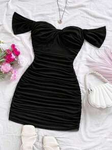 Vestido mini ajustado de punto rojo con hombros descubiertos para mujer, diseño con espalda calada, adecuado para vacaciones, citas, té de la tarde, temporada de bodas, playa, crucero, vacaciones en la ciudad, vacaciones bohemias, festivales de - Negro 2 - Ver 3