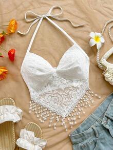 Nuevo atuendo casual de vacaciones, boda en la playa, invitado de boda, graduación, brunch, Día de San Patricio, vacaciones de primavera, Pascua, festival de música, elegante, bohemio, tropical, blusa de atar al cuello con espalda anudada, camiseta - Blanco - Ver 1