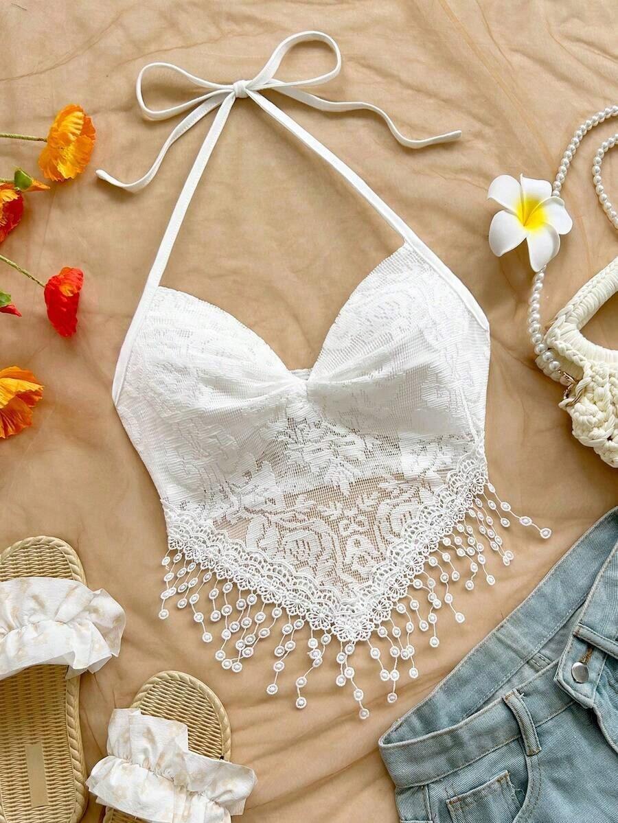 Nuevo atuendo casual de vacaciones, boda en la playa, invitado de boda, graduación, brunch, Día de San Patricio, vacaciones de primavera, Pascua, festival de música, elegante, bohemio, tropical, blusa de atar al cuello con espalda anudada, camiseta - Blanco - Ver 1