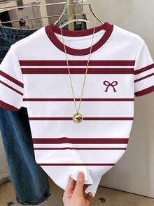 Camiseta de mujer de manga corta con cuello redondo, estampado de rayas y lazo, de estilo casual para verano - Blanco 4 - Ver 5