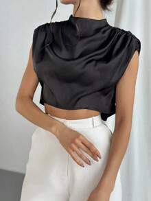 Blusa de mujer con cuello mao de unicolor y pliegues, informal y elegante, manga de murciélago fruncida, ajuste regular, top casual de uso diario para primavera/verano - Negro 2 - Ver 3