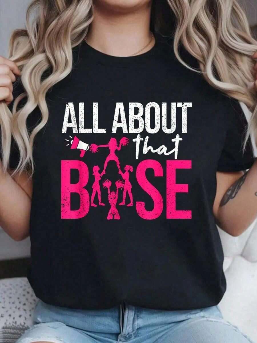 100% cotton Camiseta Divertida de Animadoras con Estampado "All About That Base", Camiseta Casual de Manga Corta con Cuello Redondo, Cómoda para Primavera y Verano, Ropa de Mujer - Negro - Ver 1
