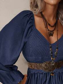 Vestido bohemio de estilo mini con cuello en V, hueco, de ganchillo, parches, manga larga, cintura elástica y bajo suelto, en color albaricoque, para mujer, para otoño/invierno - Azul marino - Ver 4