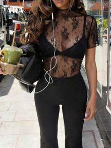 Blusa negra sexy de manga larga con encaje elástico para mujer , con cuello alto, patrón floral transparente, elegante y con capas, ideal para primavera-verano, resort y citas - Negro 3 - Ver 5