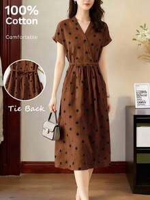 Vestido casual elegante y vintage con estampado de lunares, con bolsillos y lazo en la espalda, silueta minimalista pero refinada de corte evasé con cintura anudada, vestido versátil para oficina/ocasión, conjunto bohemio de lunares para vacaciones, primavera/verano rojo - Marrón - Ver 4