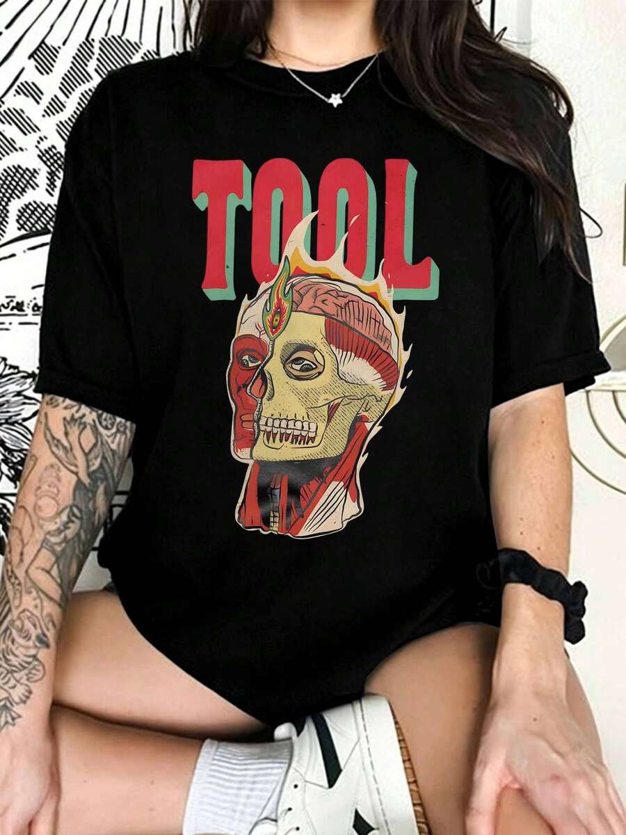 Vintage Faded Tool Band Anatomical Skull T-Shirt, Tee For Metal Music Fans - Black - View 1