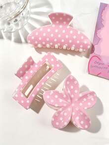 3pcs This Cherry Blossom Pink Polka Dot Checkered Semi-Circular Hair Clip Has A Retro French Style, Exuding An Elegant And Sweet Girlish Charm. It's Suitable For Everyday Wear, Work, Afternoon Tea Parties, Ponytails, Half-Updo Summer Outfits, Beach Accessories, And Summer Beach Hair Clips. - Multicolor - View 6