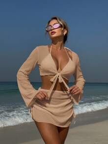 New Four-Piece Swimsuit In Solid Color, Sexy,  Style, Ideal For Summer Beach Vacations. - Light Brown - View 12