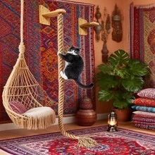 1 pieza Poste rascador de madera para gatos, hecho de cuerda de sisal individual, rascado natural, ahorro de espacio, resistente al desgaste con refuerzo, gancho de juguete para gato, material de madera y sisal, suministros para mascotas del hogar, cuerda rascadora para gatos montada en la pared, marco de escalada para gatos, tabla rascadora para gatos, adecuado para uso doméstico - Multicolor - Ver 3