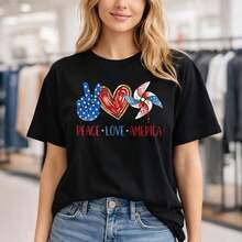 Camiseta de algodón para mujer, talla grande, con estampado de Paz, Amor y América, de manga corta, cuello redondo, estilo casual, con diseño patriótico, corte holgado, ideal para el verano, - Negro - Ver 7