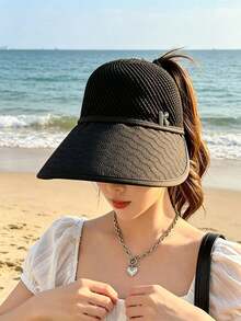 1pc Women's Solid Color Knitted Wide Brim Sun Hat, Breathable Mesh Top For Ventilation, Suitable For Outdoor Activities, Spring/Summer - A - View 4