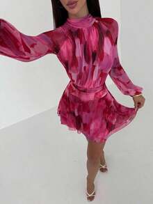 YHHAloruh Vestido de manga larga ajustado con silueta de paraguas para mujer, nuevo para otoño/invierno, para uso casual/citas/salidas/maestras, vestido romántico con estampado de teñido anudado en púrpura y cuello alto con lazo en la cinturaYHH - Morado - Ver 6