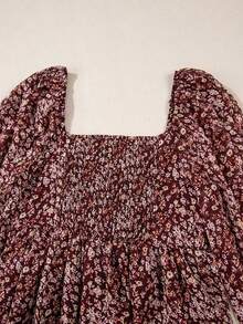 Acelitt Vestido de manga farol con frente fruncido y parches con estampado floral diminuto, elegante para vacaciones de primavera - Rojo - Ver 8