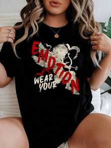 Gráfico con silueta de ángel sosteniendo arco y flechas rodeado de corazones rojos y texto inspirador camiseta de mujer 100% algodón 220g - Negro - Ver 2