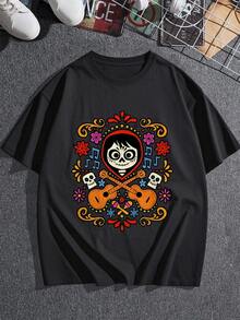 Colorful Illustration Celebrating The Day Of The Dead With Smiling Skulls, Guitars, Flowers, And Musical Notes Symbolizing Joy And Eternal Remembrance. Comfortable Casual Women's T-Shirt - 黑色 - 查看 3