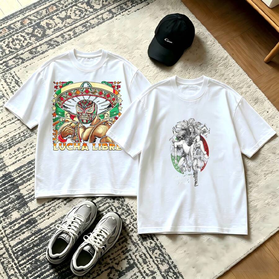 2-Piece Couple Matching Pattern T-Shirt, 100% Cotton, Loose Fit, Soft And Breathable, Casual Round Neck Short Sleeved Top Lucha Libre Wrestler Design With Mexican Flag Elements Versatile Patterns No Picky Combinations Coordinated Dating Casual Travel Simple And Cartoonish Printing Styles High - 白色 - 查看 1