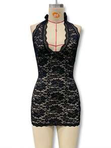 Nuevo Vestido Encaje Halter Sensual Corte Abierto Figura Perfecta - Negro - Ver 3