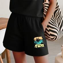 2026 Summer New Arrival, Vintage Color-Block Palm Tree Island Sunset Pattern, Casual Printed Round Neck Short Sleeve Top And Elastic Waist Pocket Shorts Women'S Two-Piece Set - quần short - Xem 11