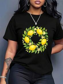 Camiseta Casual de Verano para Mujer Talla Grande - Camiseta de Cuello Redondo Blanca con Estampado de Limones, Corte Holgado, Adecuada para Ropa Urbana Diaria, Camiseta Casual para Todas las Temporadas, Ideal para Uso Casual y Formal, un Esencial Versátil para el Guardarropa, Diseño con Patrón Geométrico, Material Cómodo, Camiseta Chic y a la Moda para Amantes de la Moda. - Negro - Ver 1