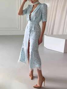 Vestido elegante cuello V con estampado y combinación de encaje nueva primavera estilo moda europea para mujer - Azul - Ver 8