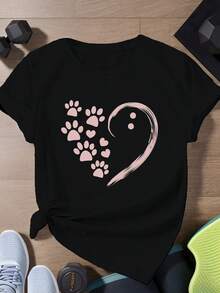 Camiseta de manga corta con estampado de corazón y pata de gato rosa para mujer, cuello redondo, top negro casual. - Negro - Ver 6