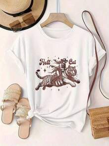 ComfortableCamiseta de Mujer con Estampado de Gato Montado en Tigre con Estrellas, Camiseta Casual a la Moda para Mujer, Adecuada para Todas las Temporadas 
 Camisas casuales de mujer, camis - Blanco - Ver 3