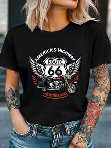 Top de Verano Cómodo, Regalo para Mamá, ¡Libre de Envíos! Camiseta de manga corta de primavera/verano para mujer con estampado de motocicleta Highway 66, estilo casual y enérgico, ideal para - Negro - Ver 8