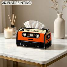 1pc Vintage Orange & Black Cassette Tape Pattern Tissue Box, Home Living Room Bedroom Desktop Paper Towel Holder, Creative Retro Style Napkin Box, Cafe & B&B Decor Ornament - Multicolor - View 6