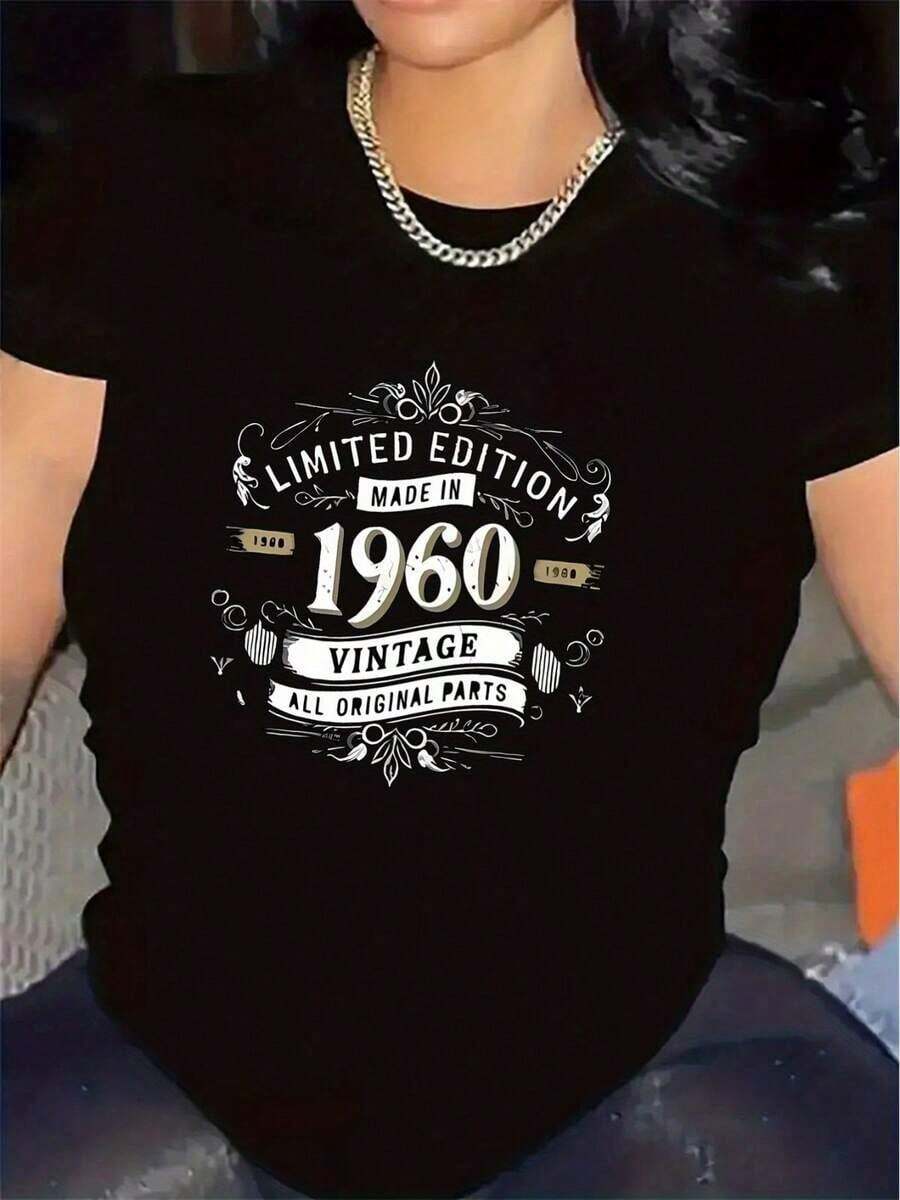Camiseta Casual para Mujer, Estilo Vintage Retro de los 60 - Camiseta Gráfica de Edición Limitada, Top de Cuello Redondo de Poliéster Suave para Uso Diario y Ocasiones Especiales, Ropa Retro Ligera para Mujer - Prenda de Estilo Mid-Modern, Camisetas para Mujer, Ropa Casual, Cuello Redondo Clásico, Tela de Elasticidad Media, Ropa para el Hogar, Material Duradero, Camiseta Estampada, para Amantes de la Moda, 100% Algodón, Duradera - Negro - Ver 1