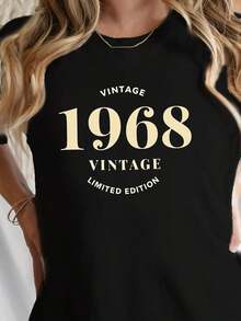 Camiseta Casual para Mujer, Edición Limitada Vintage 1968, Manga Corta, Cuello Redondo, Estampado Retro, Tela de Elasticidad Media, Original 1968, Sin Alteraciones Modernas, Lavable a Máquina, Camiseta de Verano y Primavera para Atuendo Casual o Estilo de los 60, 100% Algodón, Duradera - Negro - Ver 7