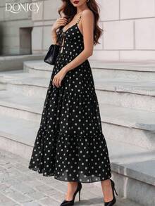 DONICY Vestido largo sin mangas con cintura calada y lunares negros para mujer, atuendo elegante para uso casual en primavera y verano - Negro - Ver 5