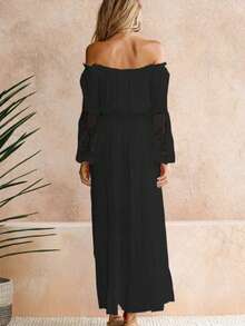 Elegant European-Style Party Dress With Boat Neck And Lace Trim, Fashionable Style For Women - Black - View 2