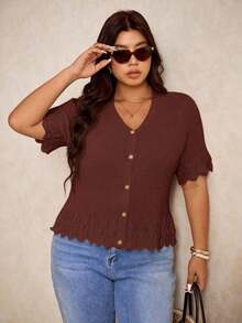 Plus Size Cardigans - ブラウン - チェックする 4