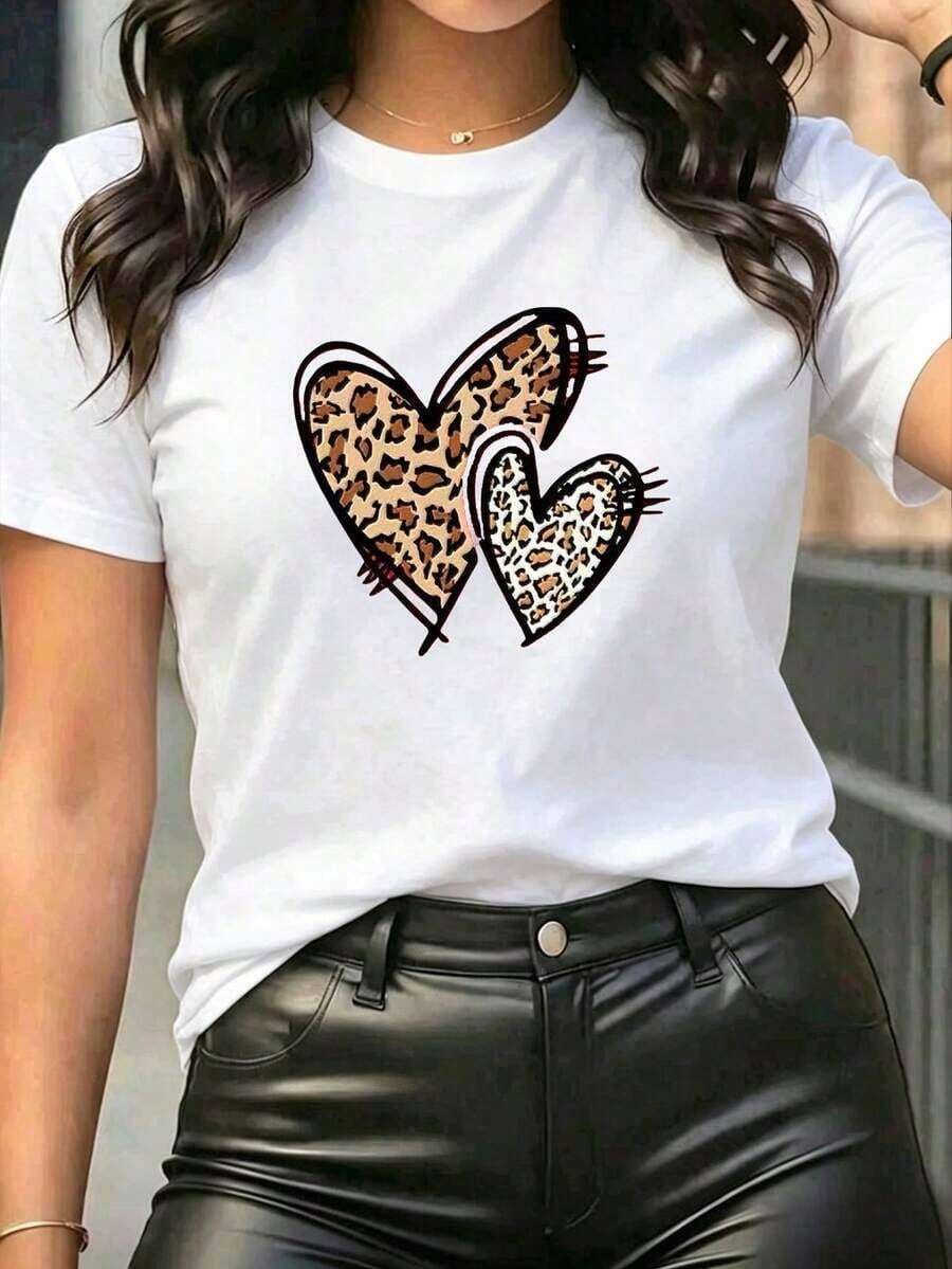 Women's Plus Size Oversized T-Shirt With Heart And Leopard Print - Chic Casual Clothing For Women, Women's Casual Graphic Print T-Shirt | Summer 2026 - 白色-1 - 查看 1