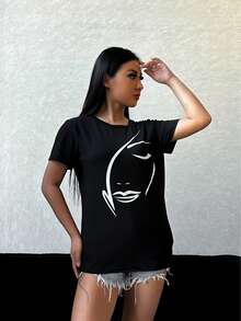 Stylish Versatile Casual T-Shirt With Print - Black - View 7