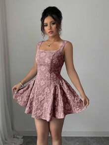 Vestido mini azul de mujer con cuello ancho, sin mangas, cintura recogida y textura de jacquard, elegante y romántico para graduación, baile de graduación, fiesta, festival de música, vacaciones - Rosa vieja - Ver 4