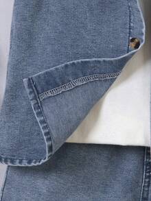 2026 New Boys' Summer Denim Set, Casual Solid Color Light Blue Short Sleeve Denim Shirt And Shorts 2pcs Outfit - Dark Wash - View 5