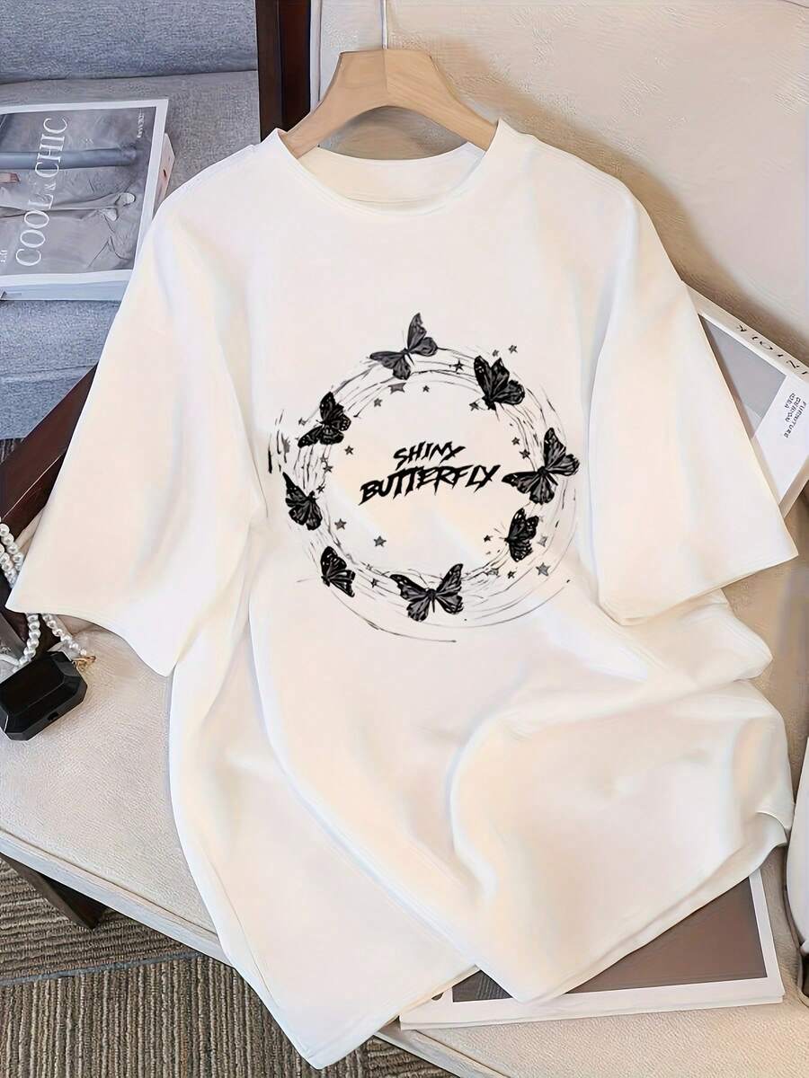 Camiseta de manga corta de algodón puro para mujer, color blanco, estilo veraniego, 2026, nueva, popular, con estampado de mariposas, corte holgado. - Blanco - Ver 1