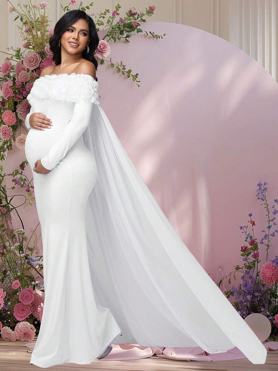 JustVH Floral Off-Shoulder Maternity Dress Suitable For Baby Shower Party, Long Sleeve Mesh Cape Maternity Outfit Plus Size Women Photography Prop - White - View 1
