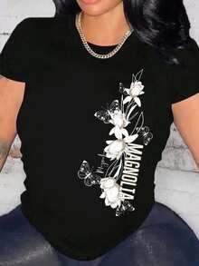 Women's Casual Shirt Print T-Shirt, Short Sleeve And Round Neck, Local Spring/Summer Urban Fashion. - Black - View 2