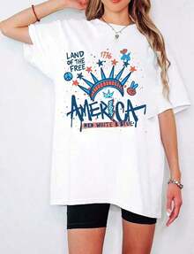 Camiseta de manga corta del 4 de julio con la Estatua de la Libertad, camiseta con grafiti, camiseta del 4 de julio, USA, bandera de USA, diseño de camiseta para chica, camiseta de algodón holgada y casual de 220 g, 100% algodón. Con estampado de mariposas, adecuada para niñas y mujeres, camiseta inspiradora de manga corta y cuello redondo, estilo estético lindo Y2K, top de verano, adecuada para actividades al aire libre, familia, trabajo o uso diario casual en la calle. - Blanco - Ver 7