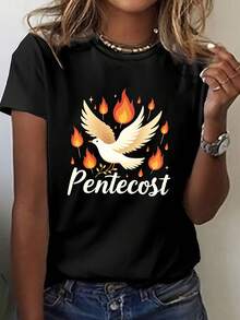Women's T-Shirt With Dove And Flame Print For Pentecost - White And Religious Clothing For Church, Short Sleeve Round Neck, Casual Top With Holy Spirit Symbol, Breathable For Spring And Summer, Outfit For Pentecost Sunday - 黑色 - 查看 1